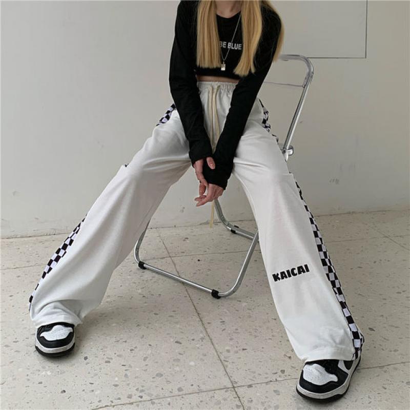 Autumn and summer women's black and white patchwork pants casual loose straight sports pants 2022 Korean Trend wide leg pants