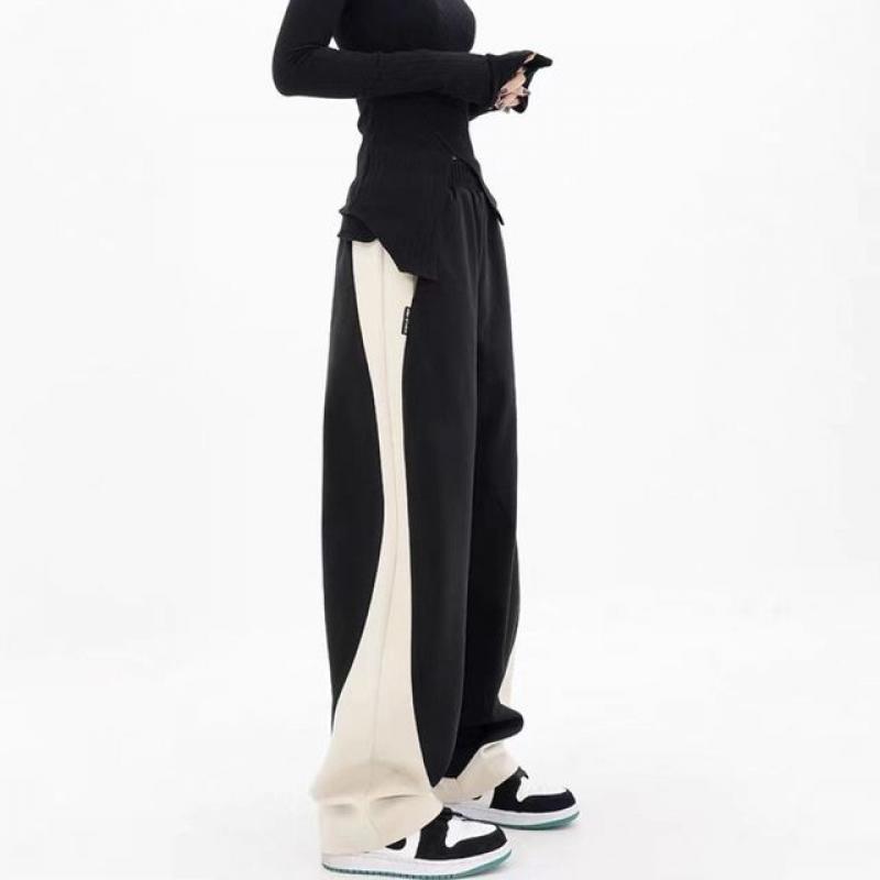 Casual Pants Women Spring Loose Patchwork Design Wide Leg High Waist Streetwear Drawstring Casual Full Length College Ulzzang