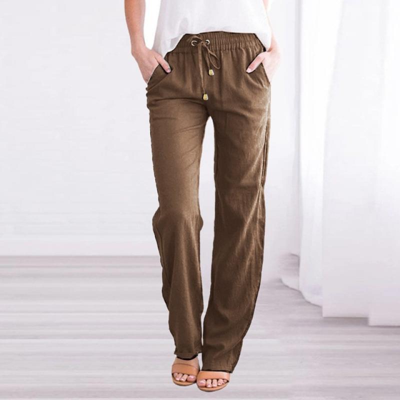 Cotton Linen Loose Drawstring Women's Pants Wide-Leg High Waist Trousers Women Korean Solid Pocket Female Stretch Straight Pants