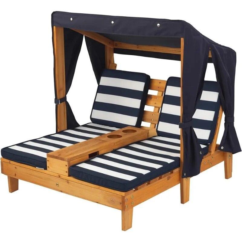 Cup Holders, Kid's Patio Furniture, Honey with Navy and White Striped Fabric, Gift for Ages 3-8