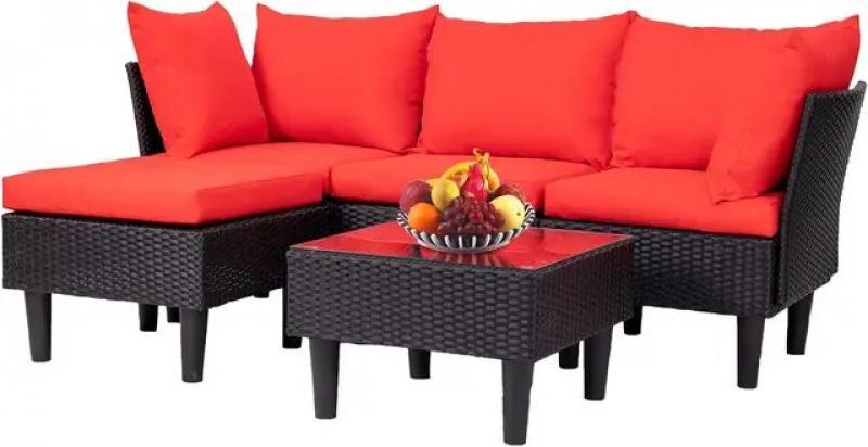 Patio Furniture Sets 5 Pieces Outdoor Wicker Conversation Set Sectional Sofa Rattan Chair,Furniture with Coffee Table,Red