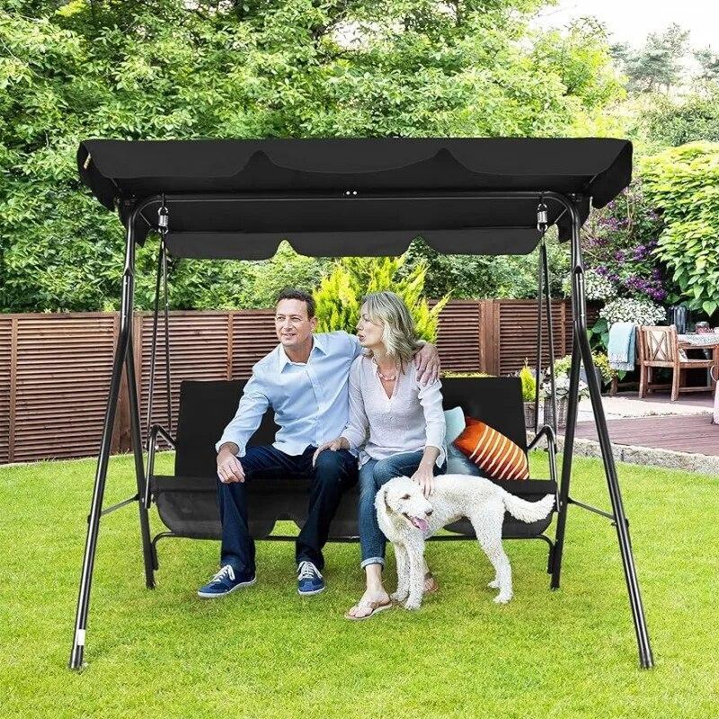 Outdoor Porch Swing with Adjustable Canopy and Durable Steel Frame for Patio, Garden, Poolside (Black)