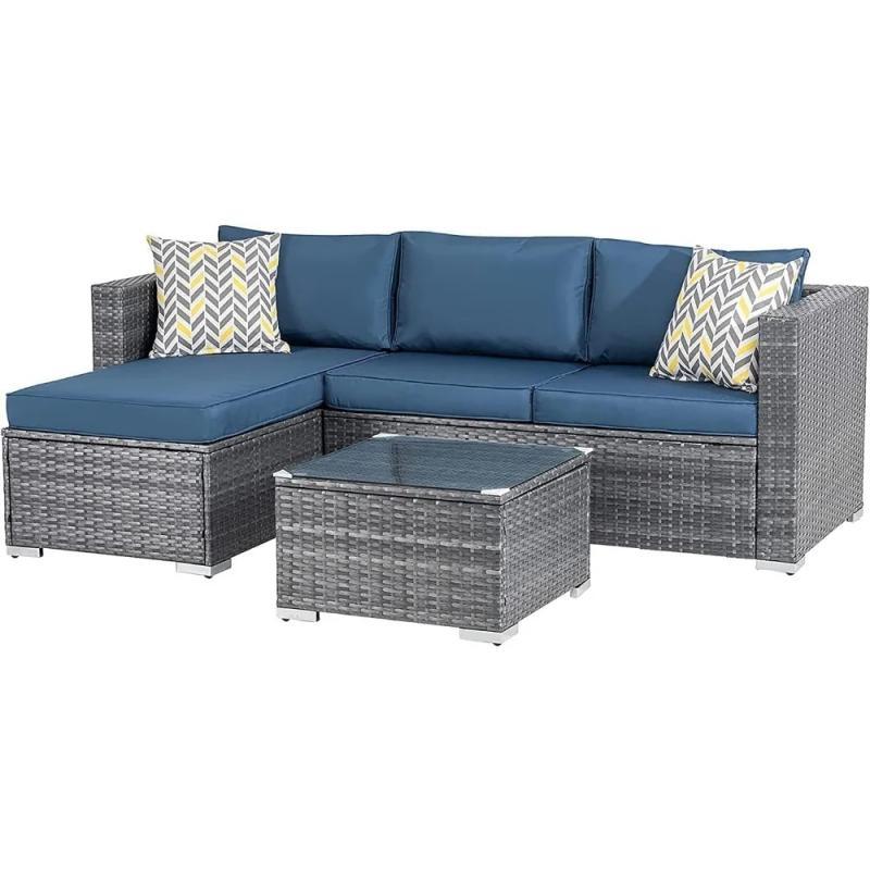 Sets 3 Pieces Outdoor Sectional Sofa Rattan Wicker Sofa Small Patio Conversation Couch with Washable Cushion and Glass Table