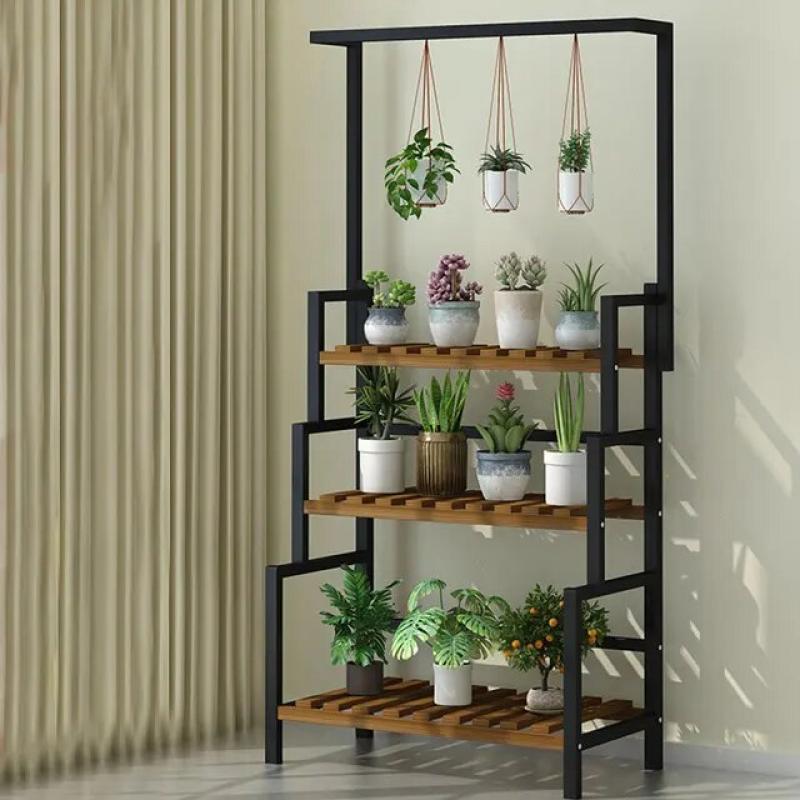 3 Tier Black Plant Stand With Hanging Basket Indoor Display Plant Rack Metal Shelves for Flower Pot Home Application Decor