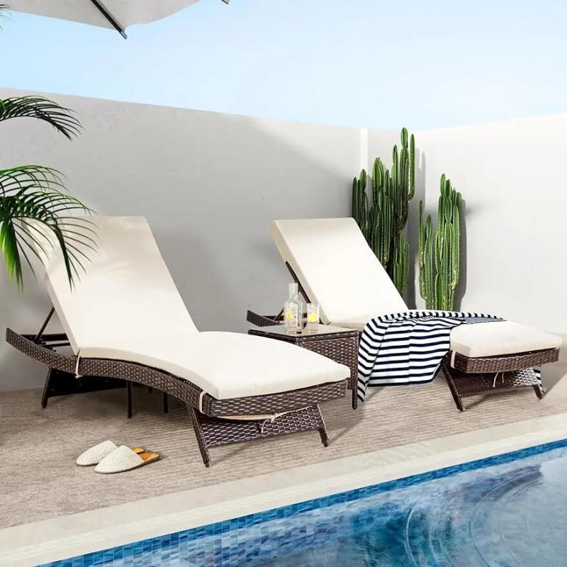 Pamapic Patio Chaise Lounge Set 3 Pieces with Adjustable Backrest and Removable Cushion, Outdoor Pool Chair