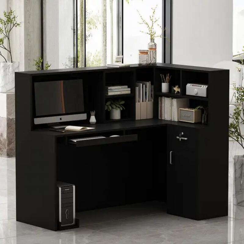 Reception Desk L-Shaped Office Desk with Counter, 1 Door Storage Cabinet, 1 Lockable Drawer, Hutch Shelf and Keyboard Tray