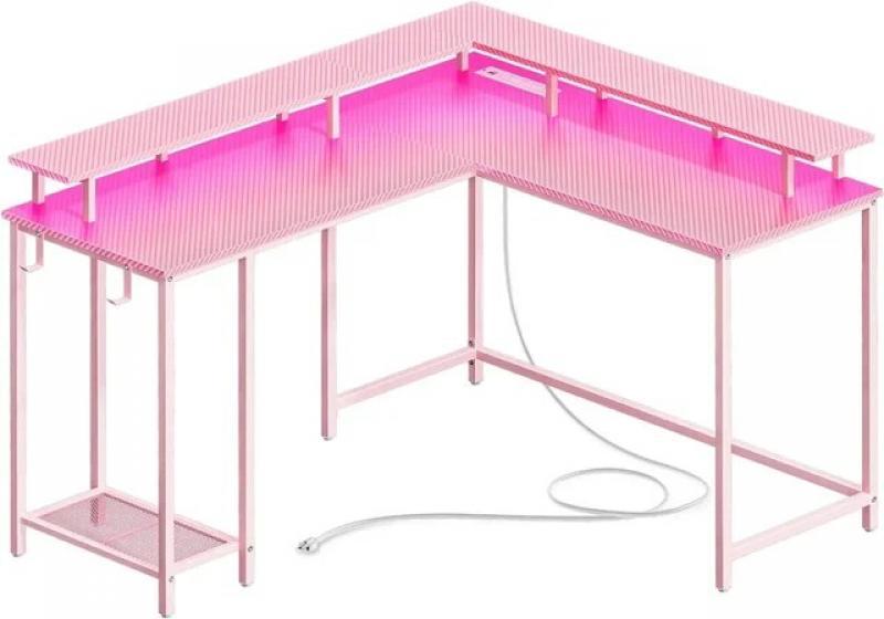 L Shaped Computer Desk with Power Outlets & LED Lights, with Monitor Stand & Storage Shelf, Multiple Color Options, 53 Inch