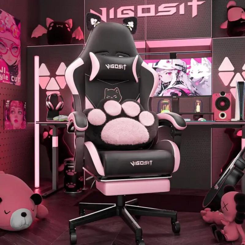 Pink Gaming Chair with Cat Paw Lumbar Cushion and Cat Ears, Ergonomic Computer Chair with Footrest, Reclining PC Game Chair for