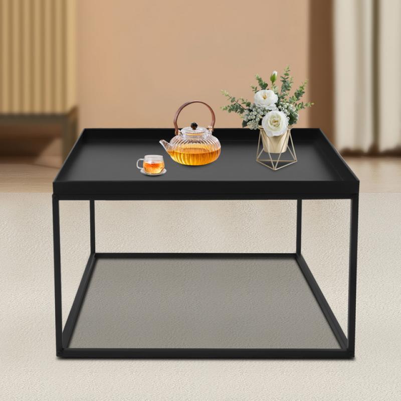 Square Metal Tray Side Table, Black Matte Small Coffee End Table with Frame for Living Room, Balcony, Bedroom