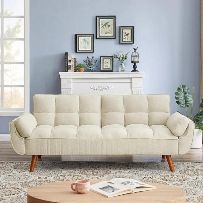 Modern Convertible Tufted Linen Upholstered Futon Sofa Daybed W/2 Pillows Sofas for Home Furniture Sofa Living Room Bed