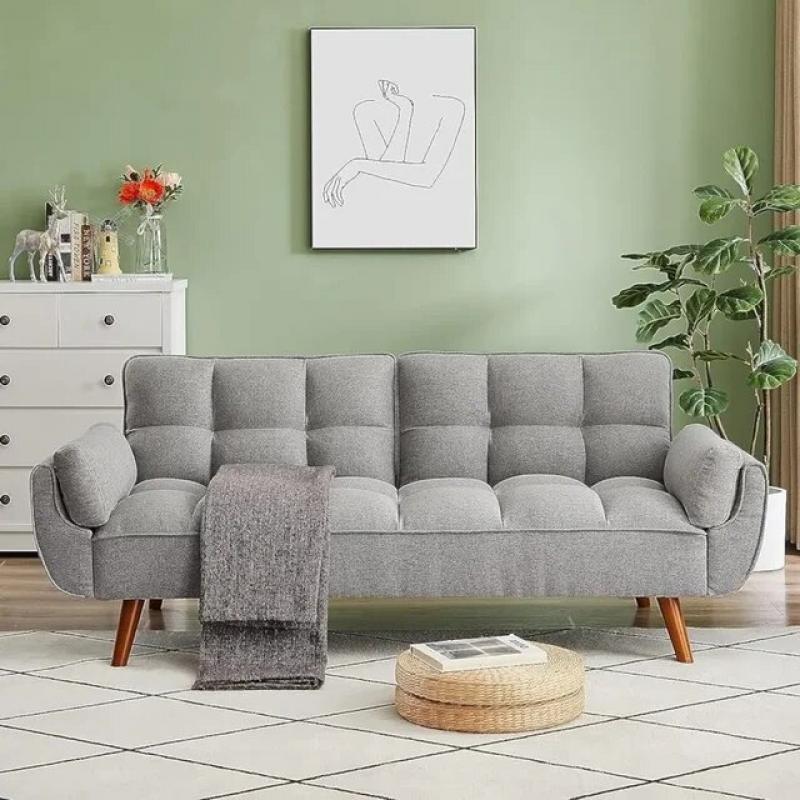 Modern Convertible Tufted Linen Upholstered Futon Sofa Daybed W/2 Pillows Luxury Sofa in the Living Room Overstuffed Comfy Home