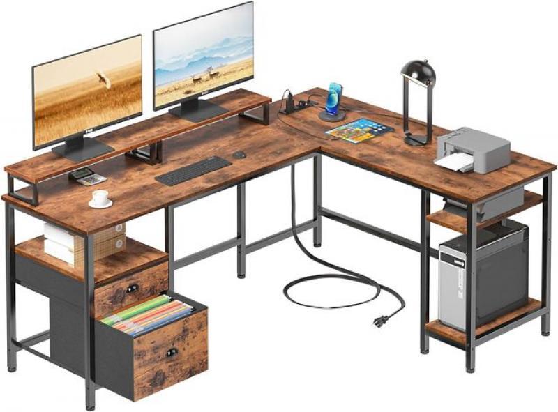 Furologee 66” L Shaped Desk with Power Outlet, Reversible Computer Desk with File Drawer（White /Rustic Brown）optional