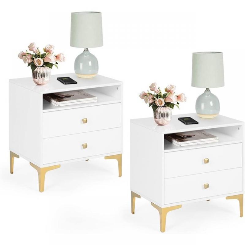 AILEEKISS Nightstands Set of 2 with Wireless Charging Function Wooden Night Stands 2 Sets with Drawers and Open Shelf