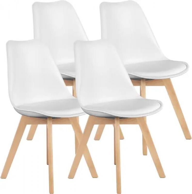 Dining Chairs Set of 4 Mid-Century Modern Dinning Chairs， PU Leather Cushion and Wood Legs, White