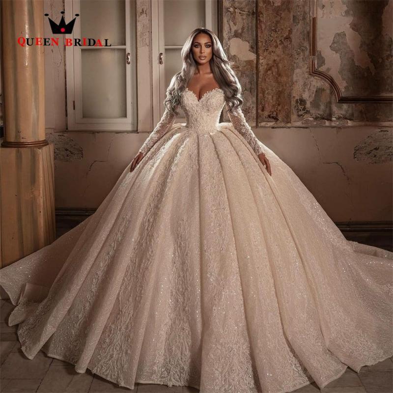 Luxury Puffy Princess Wedding Dresses Long Sleeve Sequins Tulle Crystal Beaded 2023 New Design Bridal Gown Custom Made JT47
