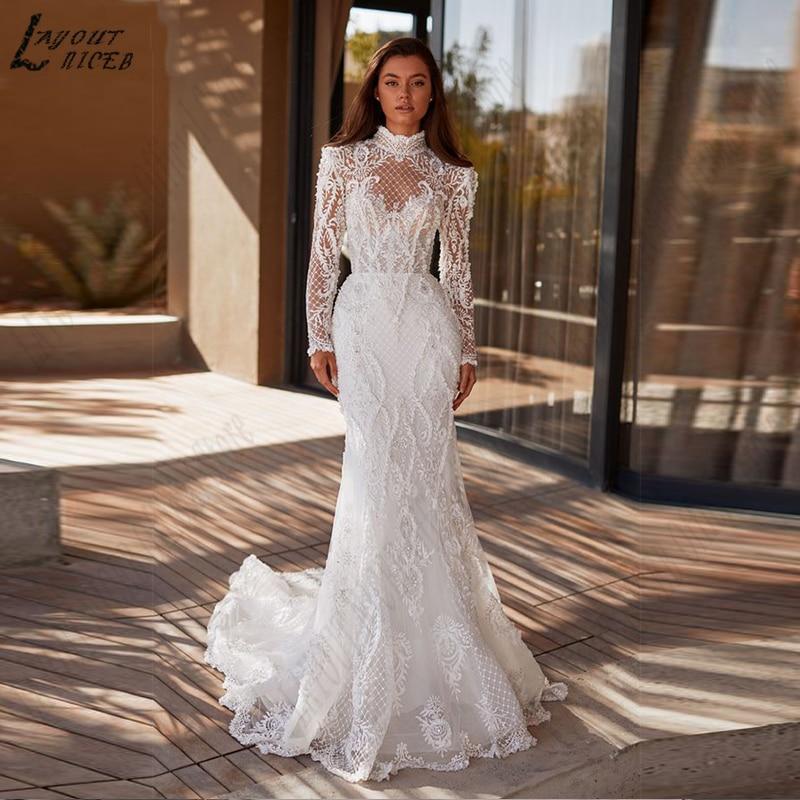 LAYOUT NICEB O-Neck Lace Wedding Dress Appliques Long Sleeves Wedding Gowns Bride Vestidos De Noiva Mariage Luxury Custom Made