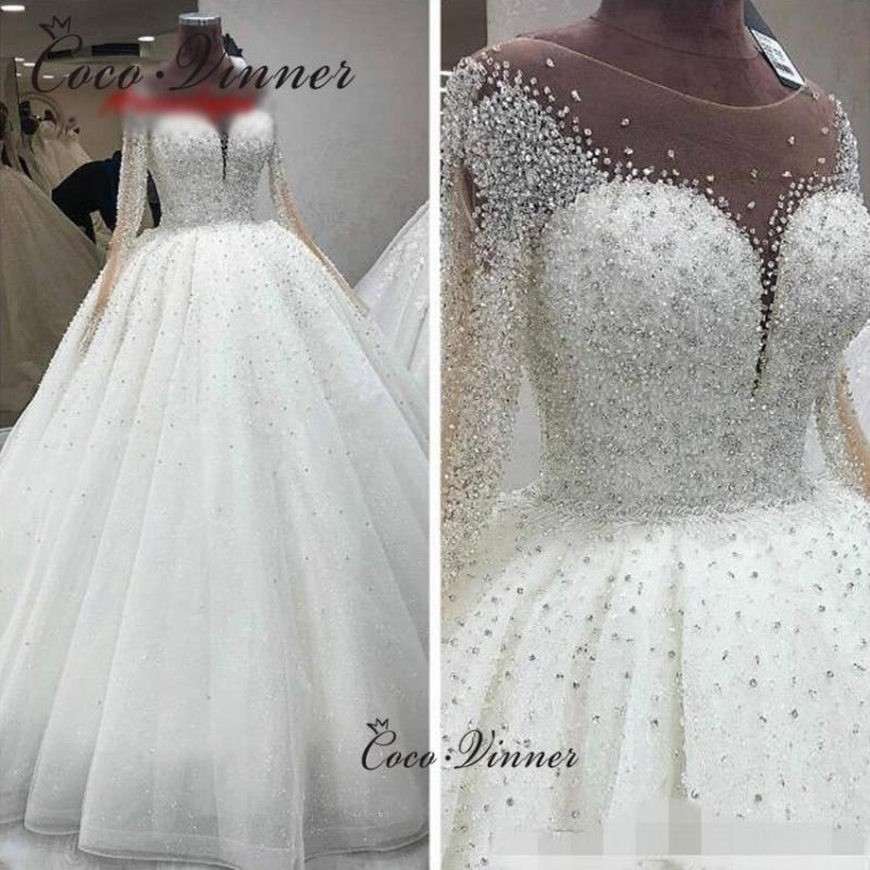 O neck Full Sleeves Luxury Crystal Wedding Dress New Design Sheer Neck Plus Size Custom Made Princess Wedding Gown W0891