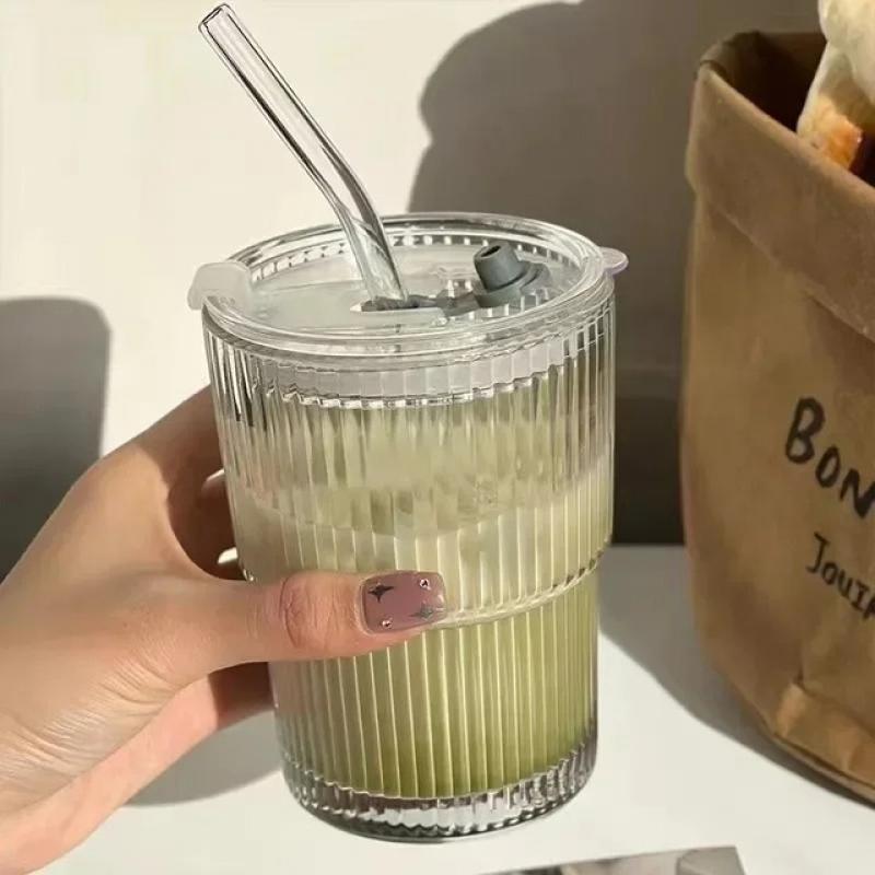 450ml Ins Coffee Glass High-value Ice American Latte Milk Cup Transparent Tea Cup Vertical Stripe with Lid Straw Water Cup