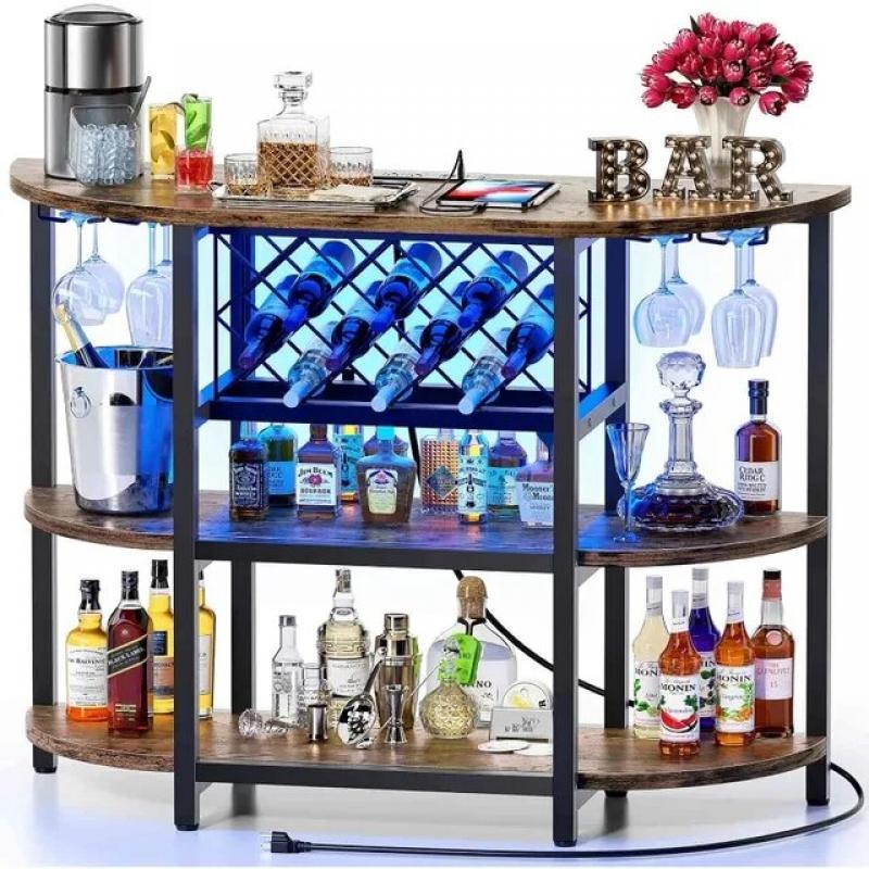 Bar Table Cabinet with Power Outlet, LED Home Mini  for Liquor and Glasses, Metal Wine  Stand  4-Tier Storage