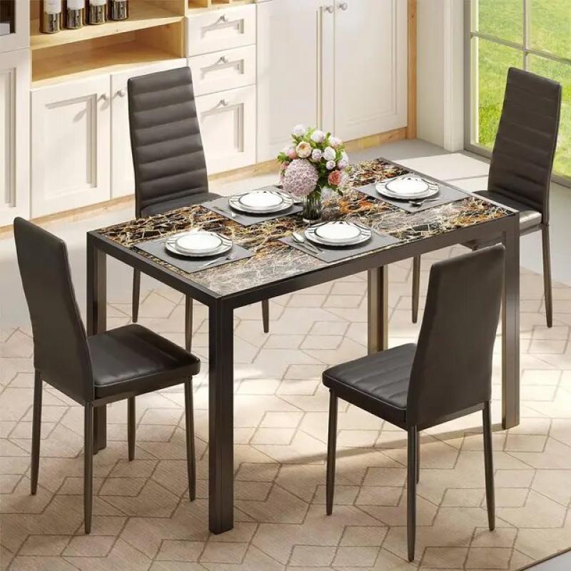 5 Piece Glass Dining Table Set, Kitchen and Chairs for 4, PU Leather Modern Room Sets Home (Black)