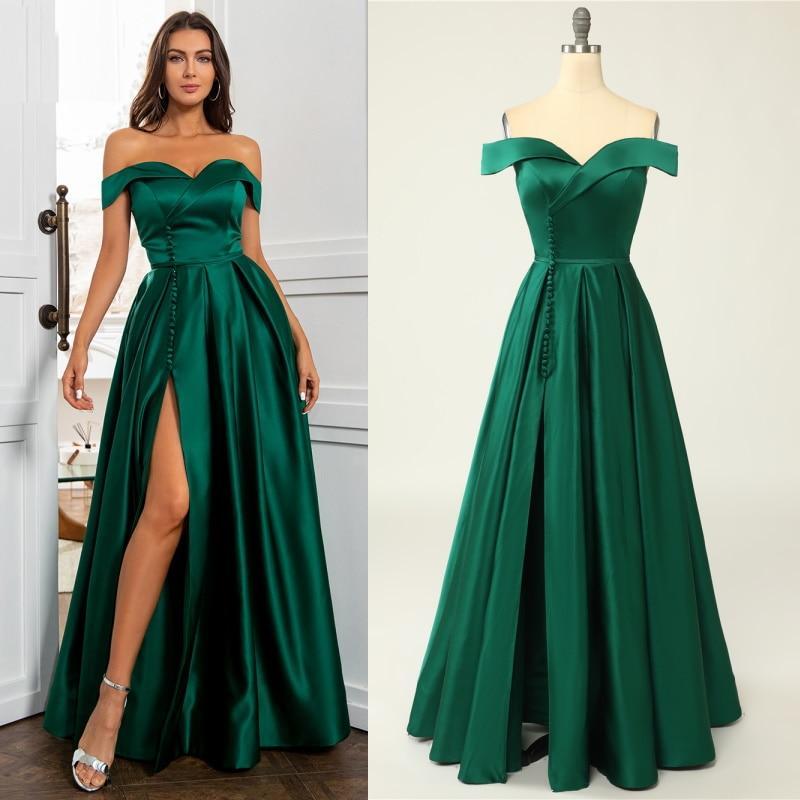 Real Photos Green Evening Dresses Sexy Long Party Gowns Elegant Satin Prom Dresses Off-Shoulder High Slit Formal Party Dresses