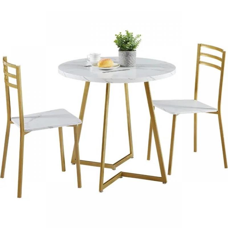 VECELO Small Round Dining Table Set for 2, Wood Marbled Tabletop with Steel Frame, Modern Dinette with Chairs for Kitchen