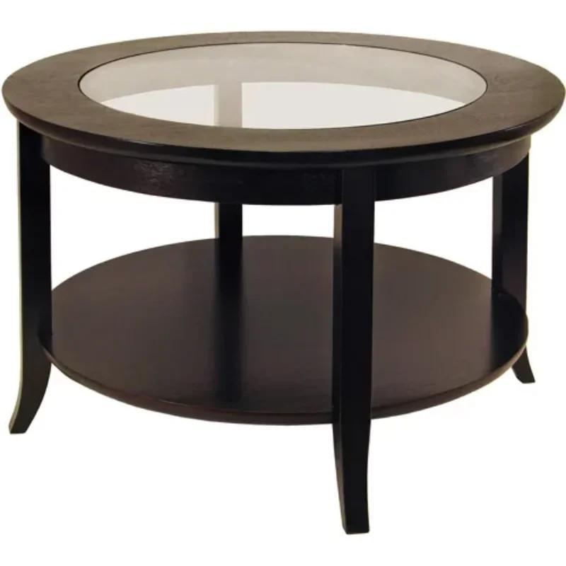 Wood Genoa Round Coffee Table with Glass Top, Espresso Finish