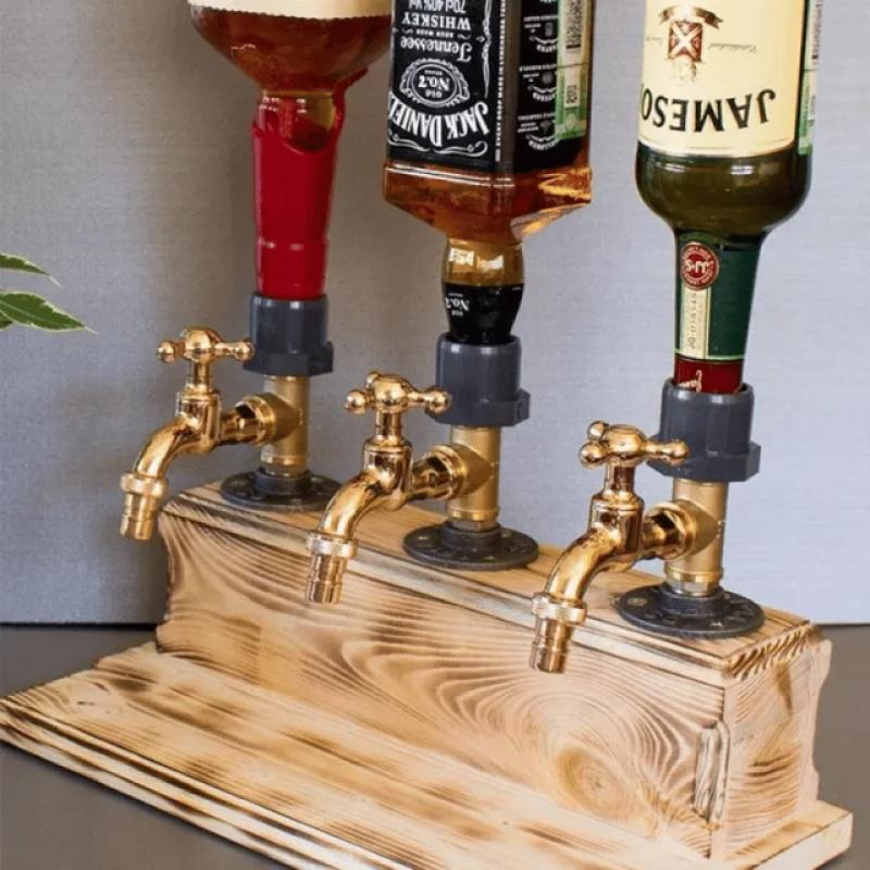 Whiskey Wood Dispenser 1/2/3-Heads Faucet Shaped Dining Table Wine Holder Liquor Stations Pipe Diffuser Bar Accessories