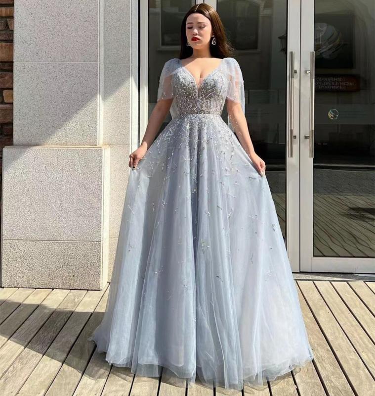 Sexy V Neck Prom Dresses Short Sleeves Beaded Tulle Formal Occasion Party Gowns A Line Tulle Wedding Guest Dress for Women