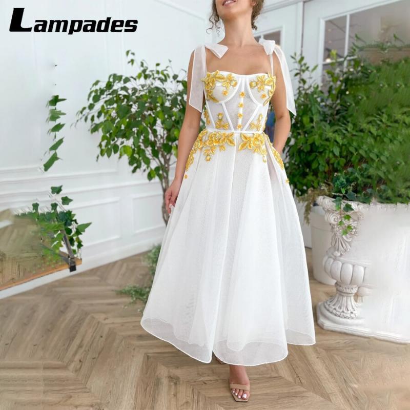 A-line Mesh Tulle Embroidered Lace Tea Length Prom Dress See Through Spaghetti Bow Straps Evening Gown Robe De Mariée