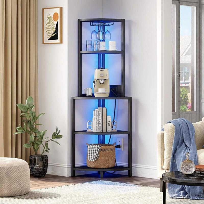 Dextrus Corner Shelf with Power Outlets,LED Lights Glass Holder, 5 Tier Corner Bar Cabinet, Corner Bookshelf Bookcase Black