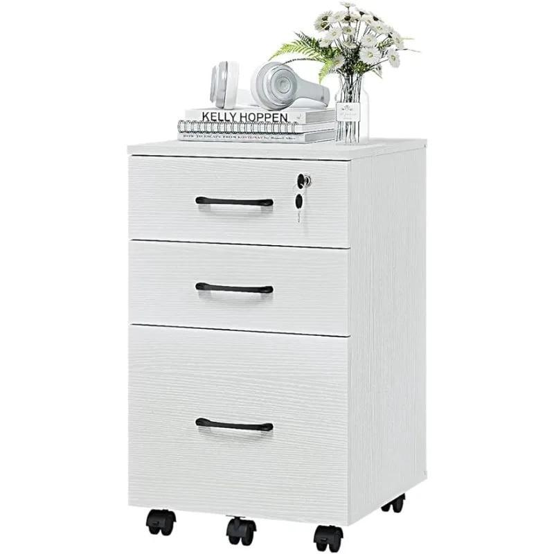 Panana 3 Drawer Wood Mobile File Cabinet, Under Desk Storage Drawers Small File Cabinet for Home Office (White)