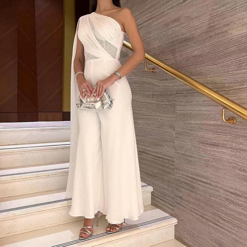 Ivory Chiffon One Shoulder Long Prom Dresses Jumpsuit Sequins Backless Ankle Length Saudi Arabia Women Evening Party Dress