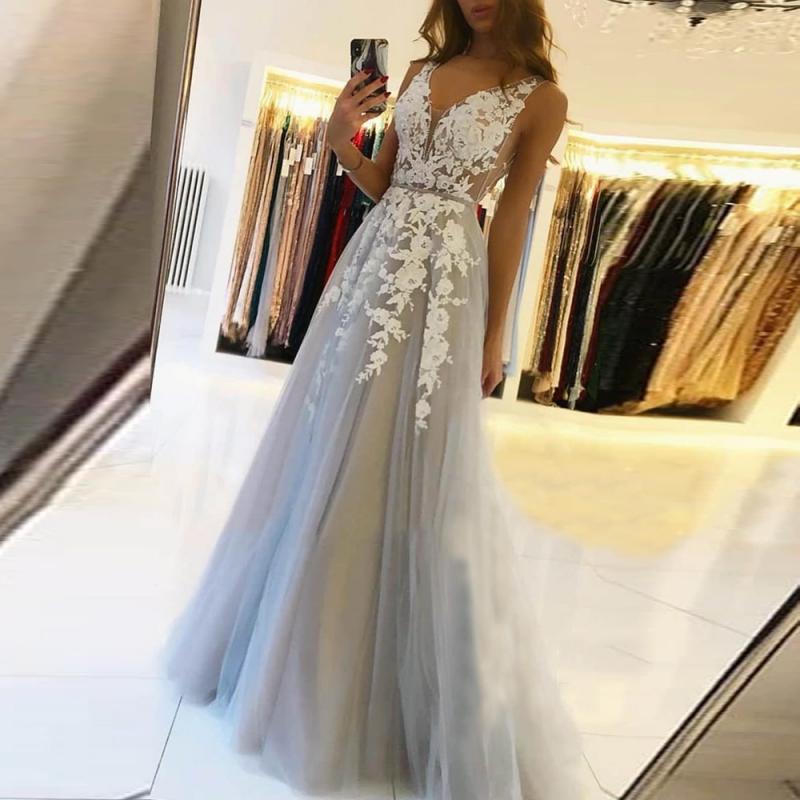BEPEITHY V Neck Long Prom Dresses 2023 For Women Sexy Gray Summer Backless White Lace Dubai Evening Gown Sleeveless Party Dress