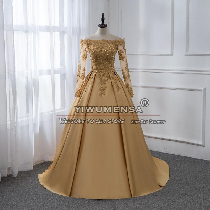 Gold Satin A Line Prom Dresses Boat Neck Appliques Beaded Long Sleeves Formal Evening Party Gowns Women Tailored Made Dress 2023