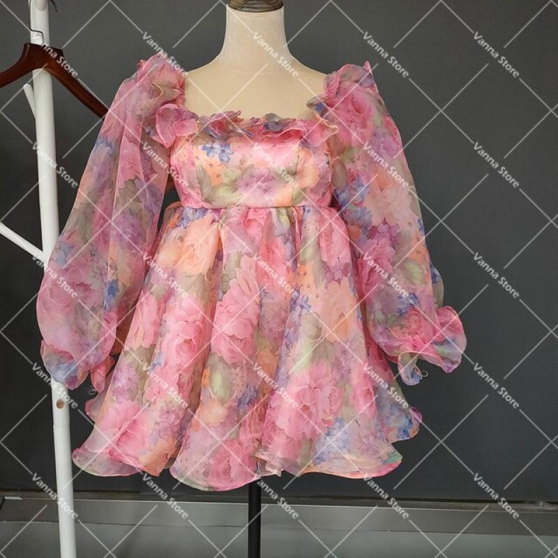 Mini 3/4 Sleeves Renaissance Puff Dress Custom Made Square Neck Plus Size Floral Organza Ruffled Fairytale Mayfair Prom Gown