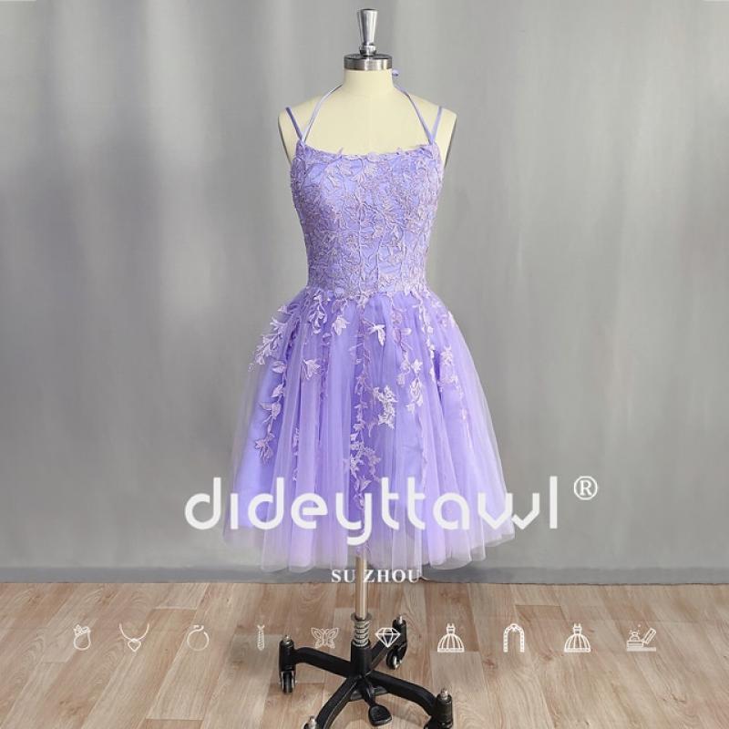 DIDEYTTAWL Lavender Spaghetti Straps Tulle Mini Prom Dress 2023 Sleeveless Sweetheart A Line Lace Appliques Homecoming Gown