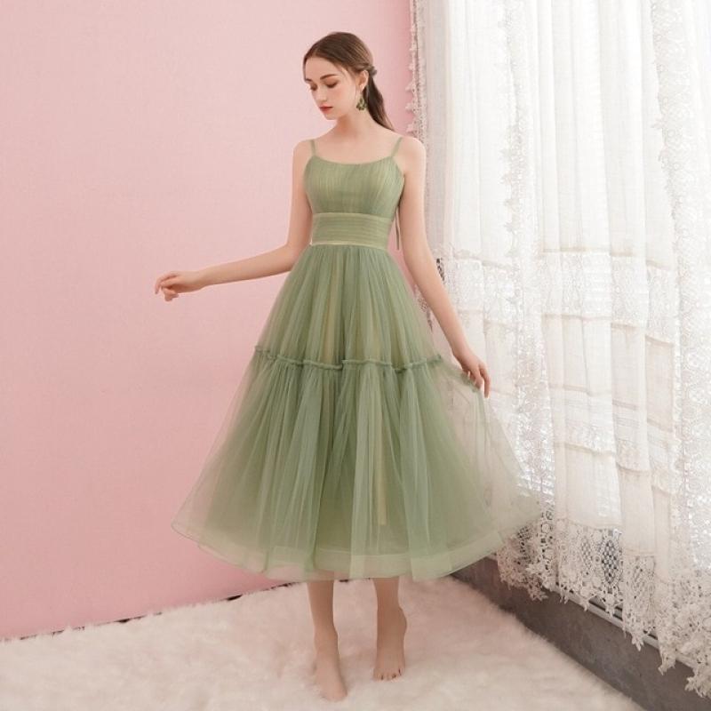 Paffas Simple Green Tulle Midi Prom Dresses Spaghetti Straps Tea-Length A-Line Wedding Party Dresses 2023 Evening Gowns