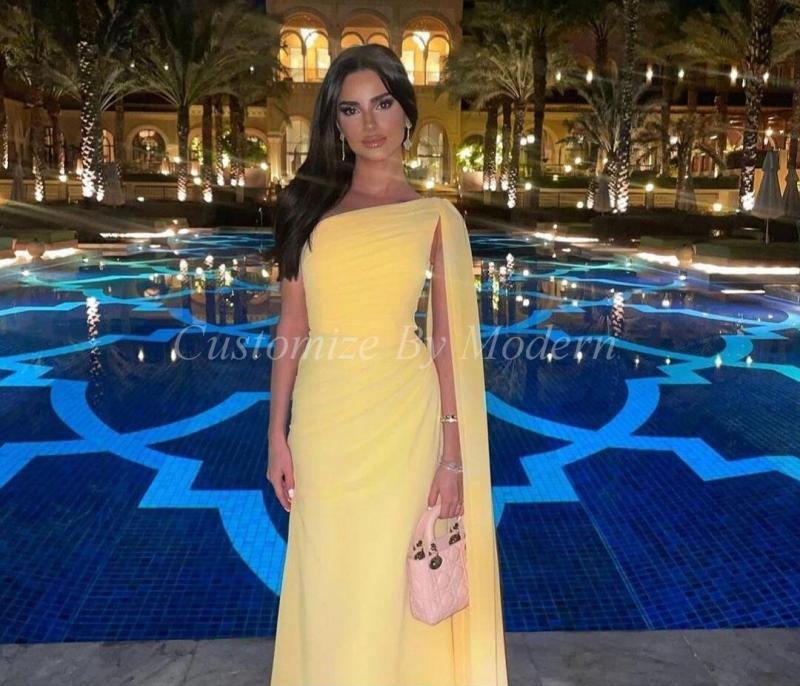 Mermaid Yellow Chiffon Long Prom Dresses One Shoulder Floor Length Saudi Arabia Evening Gowns Formal Party Dress
