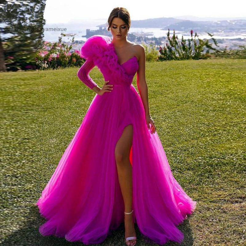 Sexy Tulle Long Fuchsia Evening Dress 2022 Vestidos De Fiesta One Sleeve V-neck Puff Organza Formal Gowns Prom Dresses 2019