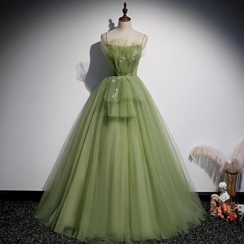 Paffas Spaghetti Strap Prom Dress Tulle A-Line Applique Flowers Vestidos De Festa Longo Green Formal Evening Dresses