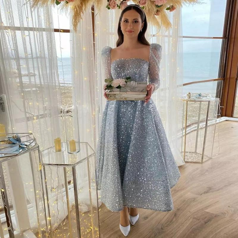 Luxury Sequined Prom Dresses for Engagement Sheer Neck Long Sleeve Party Gown Ankle Length Bead Birthday Party Wear Button Back
