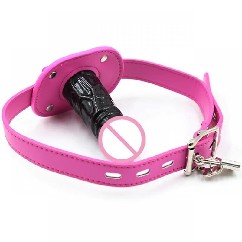Lockable Dildo Penis Mouth Gag with Lock Bondage Leather Strap On BDSM Adult Sex Toy for Women