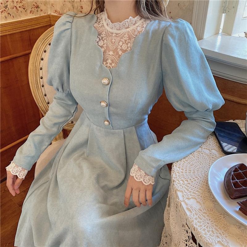 Vintage Linen High Neck Casual Gowns Retro Victorian Custom Made Ankle Length Princess Long Sleeves Buttons Costume Robe