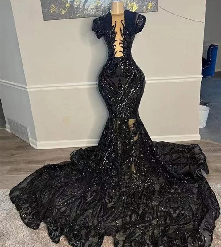 Sexy Sequins Black Prom Dresses Short Sleeves Illusion Mermaid Formal Evening Gowns Plus Size New In Maxi Night Party Robe