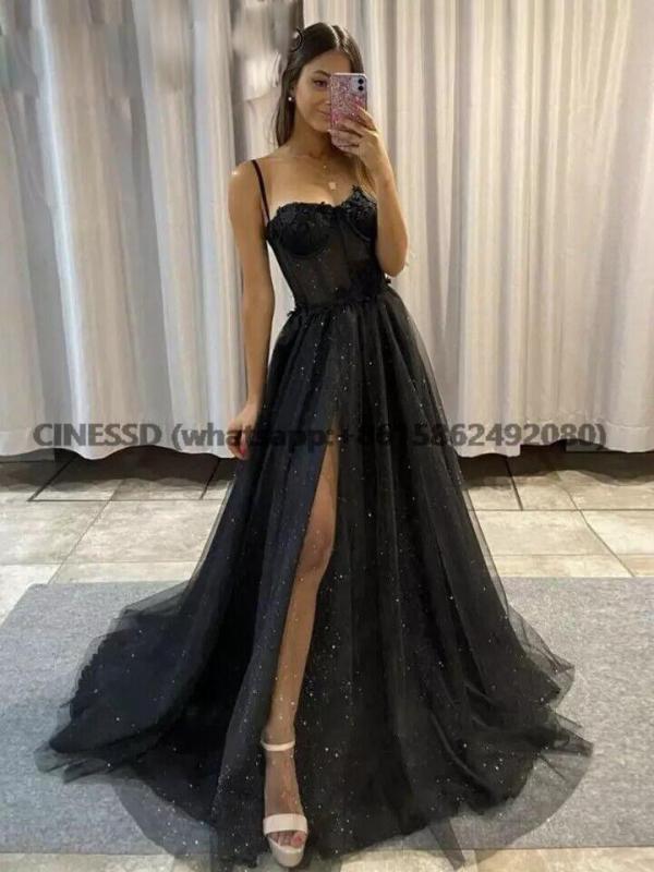 Black Glitter A Line Tulle Prom Dresses Spaghetti Straps Sweetheart Bones Side Slit 3D Flowers Long Evening Gowns