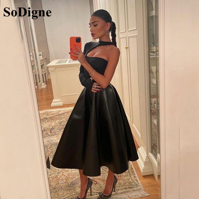 SoDigne Black Satin A Line Short Evening Party Dresses One Sloeeves Halter Simple Arabic Tea Length Prom Gowns