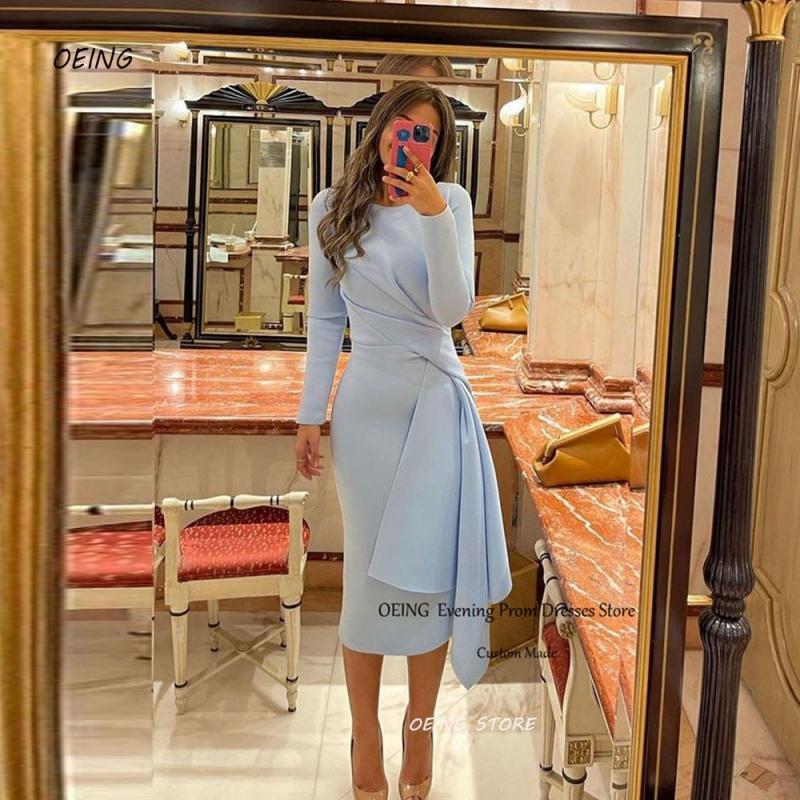 OEING Vintage Light Blue Stretch Satin Formal Evening Dresses Long Sleeves Jewel Neck Mermaid Tea Length Arabic Party Prom Dress