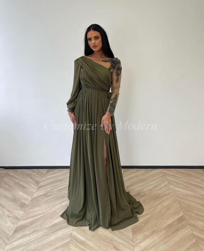 Olive Green Chiffon Long Sleeves Prom Dresses V Neck Pleated Side Split Floor Length Saudi Arabia Women Evening Party Dress