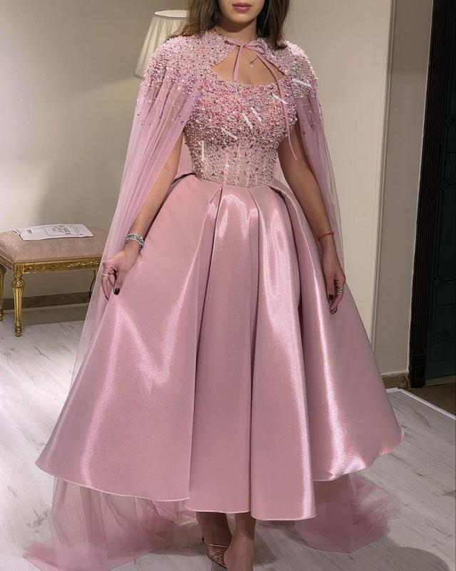 Pink Princess Long Prom Dresses A-Line Strapless Capped Sleeves Beadings Ankle Length Saudi Arabia Women Evening Party Dress